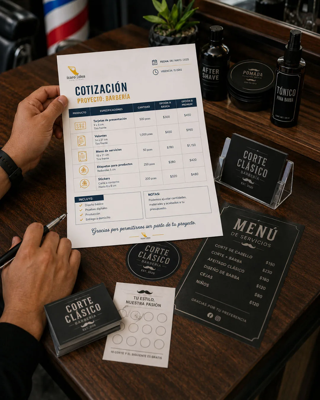 Cotización personalizada para materiales impresos de una barbería