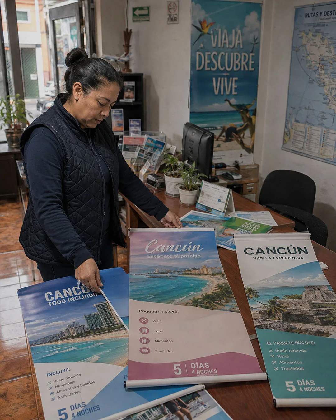 Dueña de una agencia de viajes comparando diferentes banners impresos