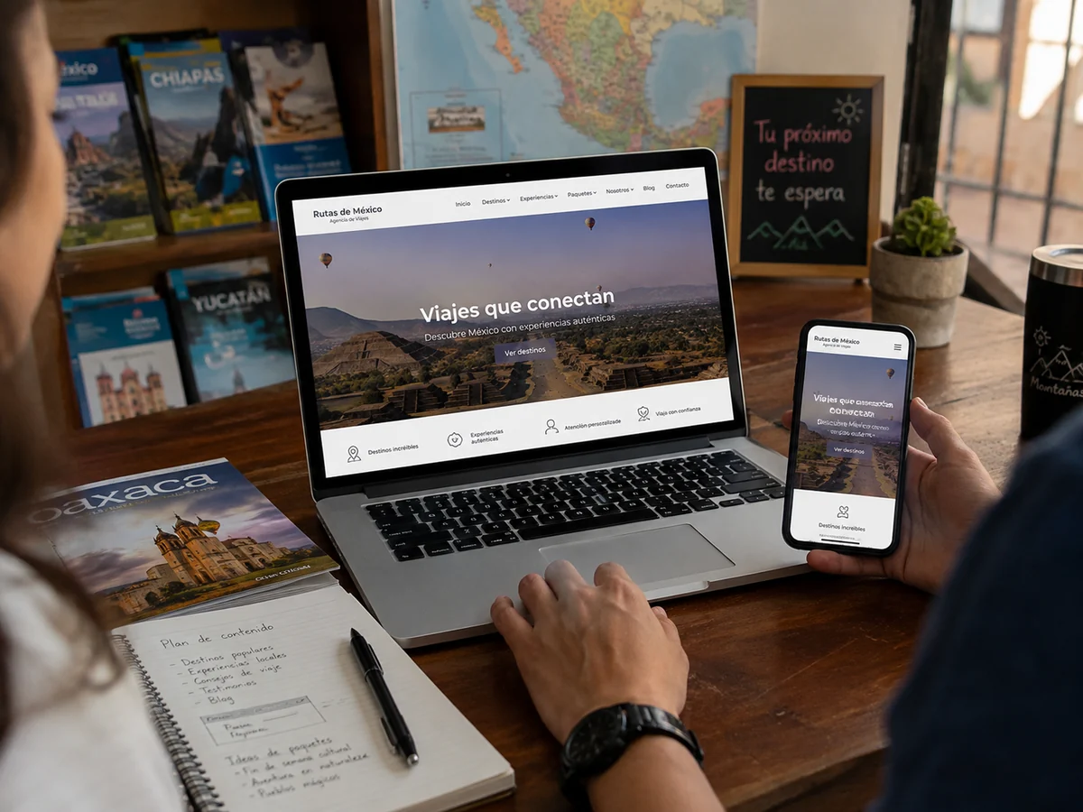 Sitio web de un negocio mostrado en computadora y celular