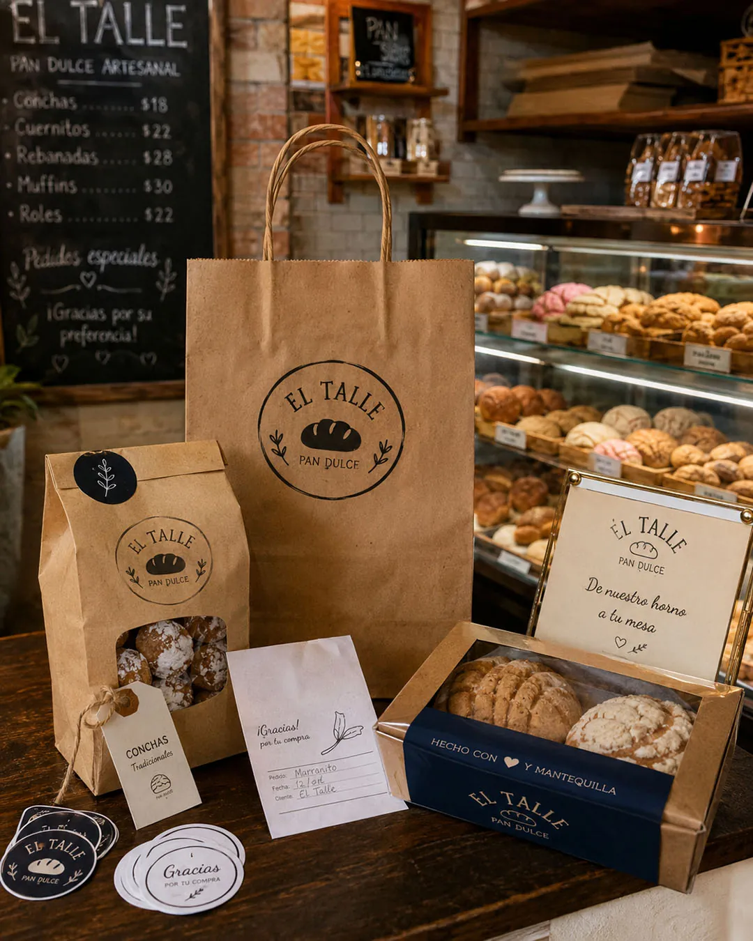Bolsas, cajas y etiquetas para una panadería