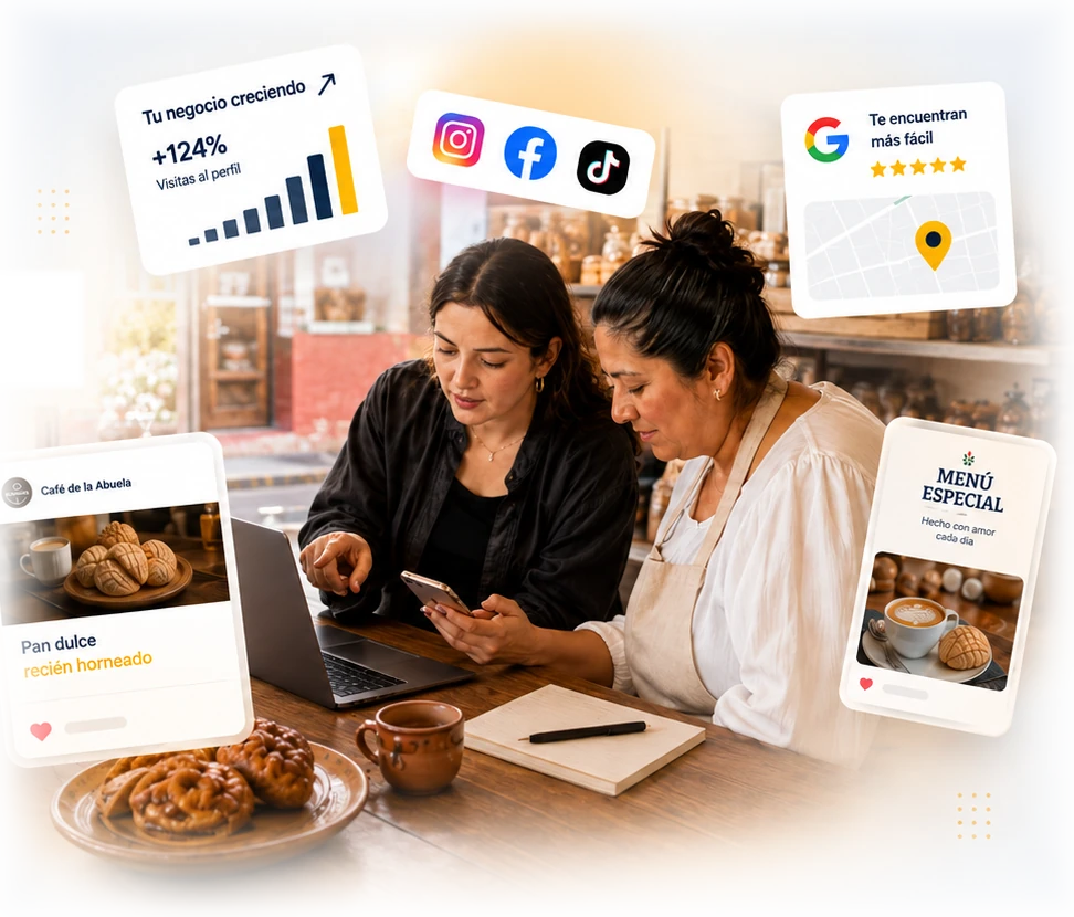 Negocio local revisando su presencia digital con apoyo profesional