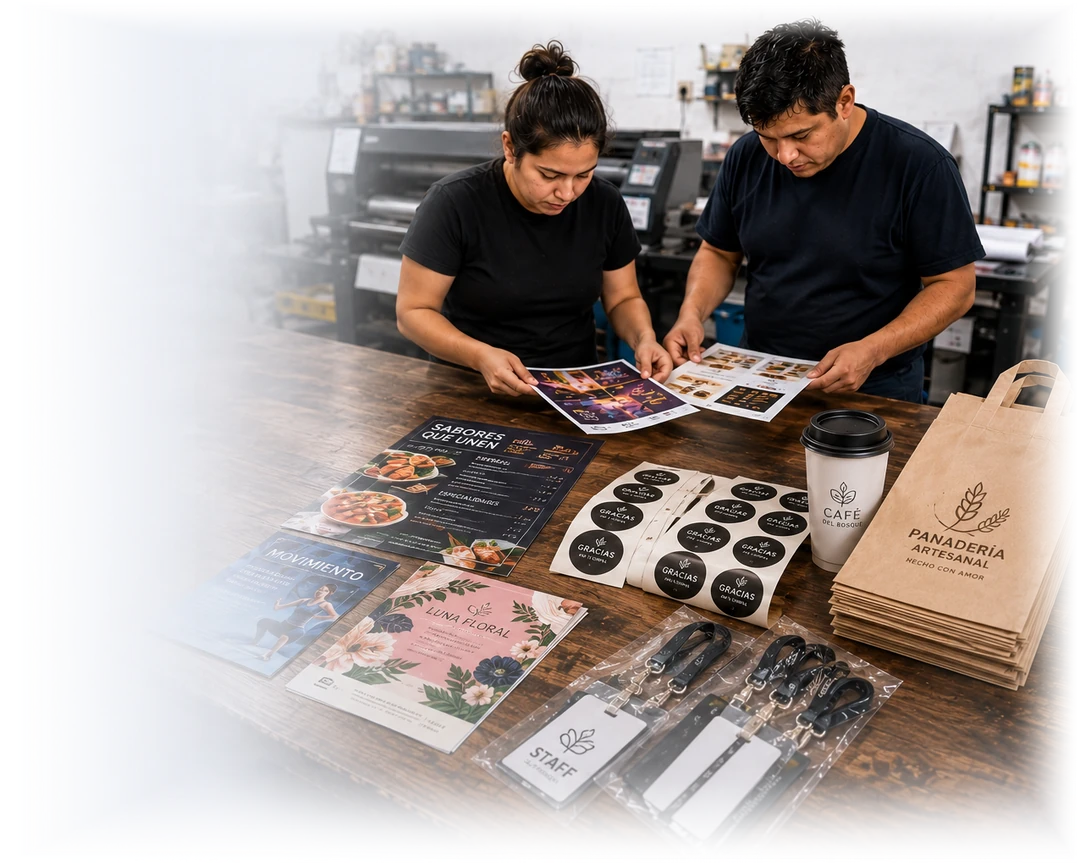 Equipo de impresión revisando materiales impresos, promocionales y personalizados para distintos negocios